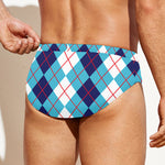 White And Blue Argyle Pattern Print Men's Swim Briefs