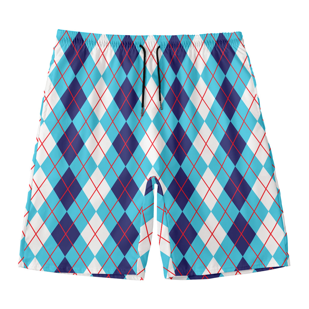 White And Blue Argyle Pattern Print Men's Swim Trunks