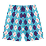 White And Blue Argyle Pattern Print Men's Swim Trunks