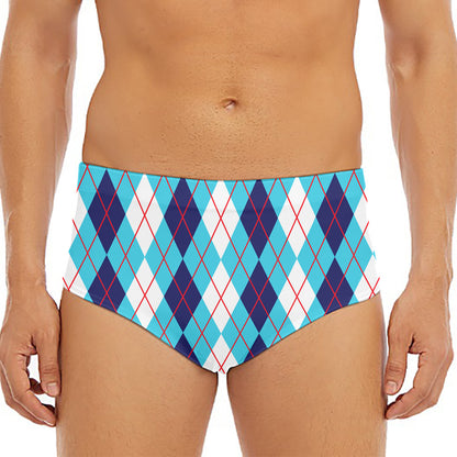 White And Blue Argyle Pattern Print Men's Triangle Swim Briefs