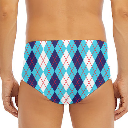 White And Blue Argyle Pattern Print Men's Triangle Swim Briefs