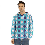 White And Blue Argyle Pattern Print Men's Velvet Pullover Hoodie
