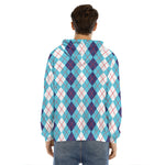 White And Blue Argyle Pattern Print Men's Velvet Pullover Hoodie
