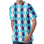 White And Blue Argyle Pattern Print Men's Velvet T-Shirt