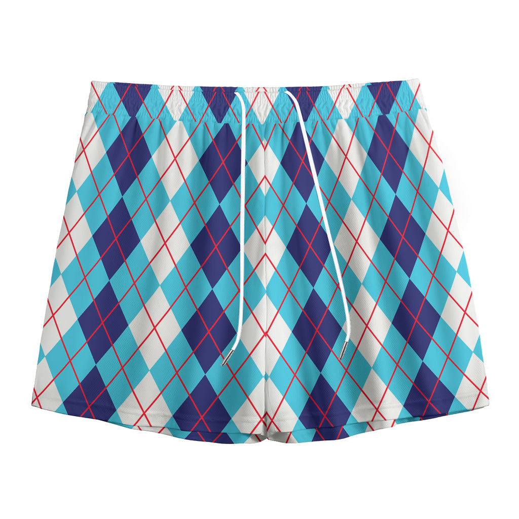 White And Blue Argyle Pattern Print Mesh Shorts