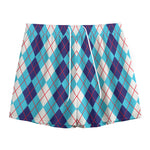 White And Blue Argyle Pattern Print Mesh Shorts