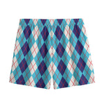 White And Blue Argyle Pattern Print Mesh Shorts