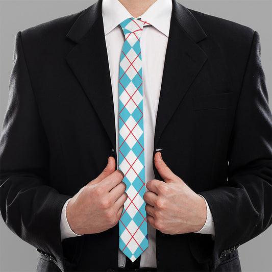 White And Blue Argyle Pattern Print Necktie