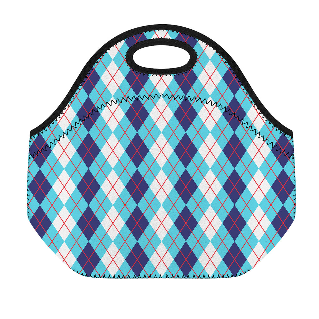 White And Blue Argyle Pattern Print Neoprene Lunch Bag