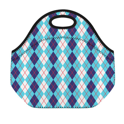 White And Blue Argyle Pattern Print Neoprene Lunch Bag