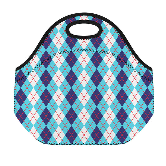 White And Blue Argyle Pattern Print Neoprene Lunch Bag