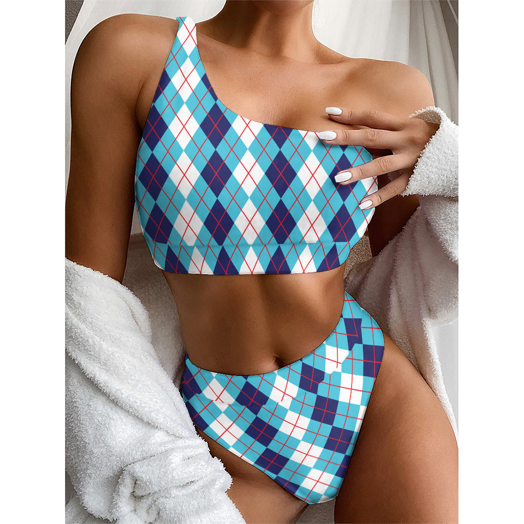 White And Blue Argyle Pattern Print One Shoulder Bikini Top