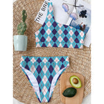 White And Blue Argyle Pattern Print One Shoulder Bikini Top