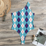 White And Blue Argyle Pattern Print One Shoulder Bodysuit