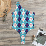 White And Blue Argyle Pattern Print One Shoulder Bodysuit