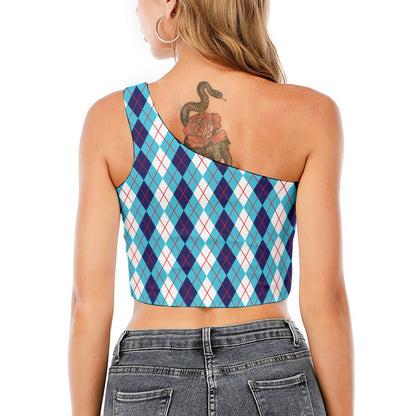 White And Blue Argyle Pattern Print One Shoulder Crop Top