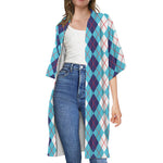 White And Blue Argyle Pattern Print Open Front Beach Cover Up