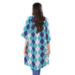 White And Blue Argyle Pattern Print Open Front Beach Cover Up