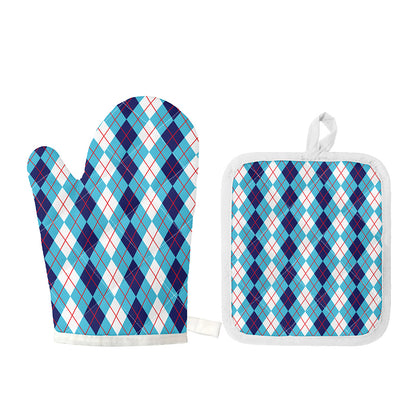 White And Blue Argyle Pattern Print Oven Mitt And Pot Holder Set