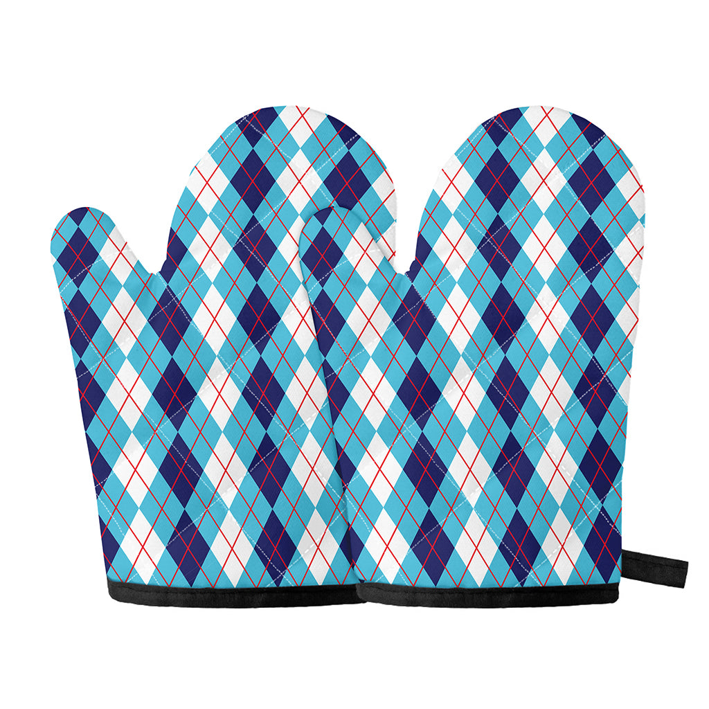 White And Blue Argyle Pattern Print Oven Mitts