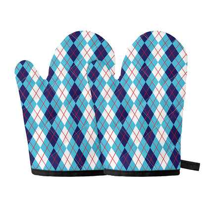 White And Blue Argyle Pattern Print Oven Mitts