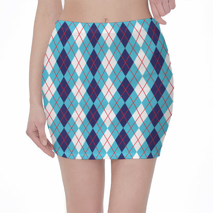White And Blue Argyle Pattern Print Pencil Mini Skirt
