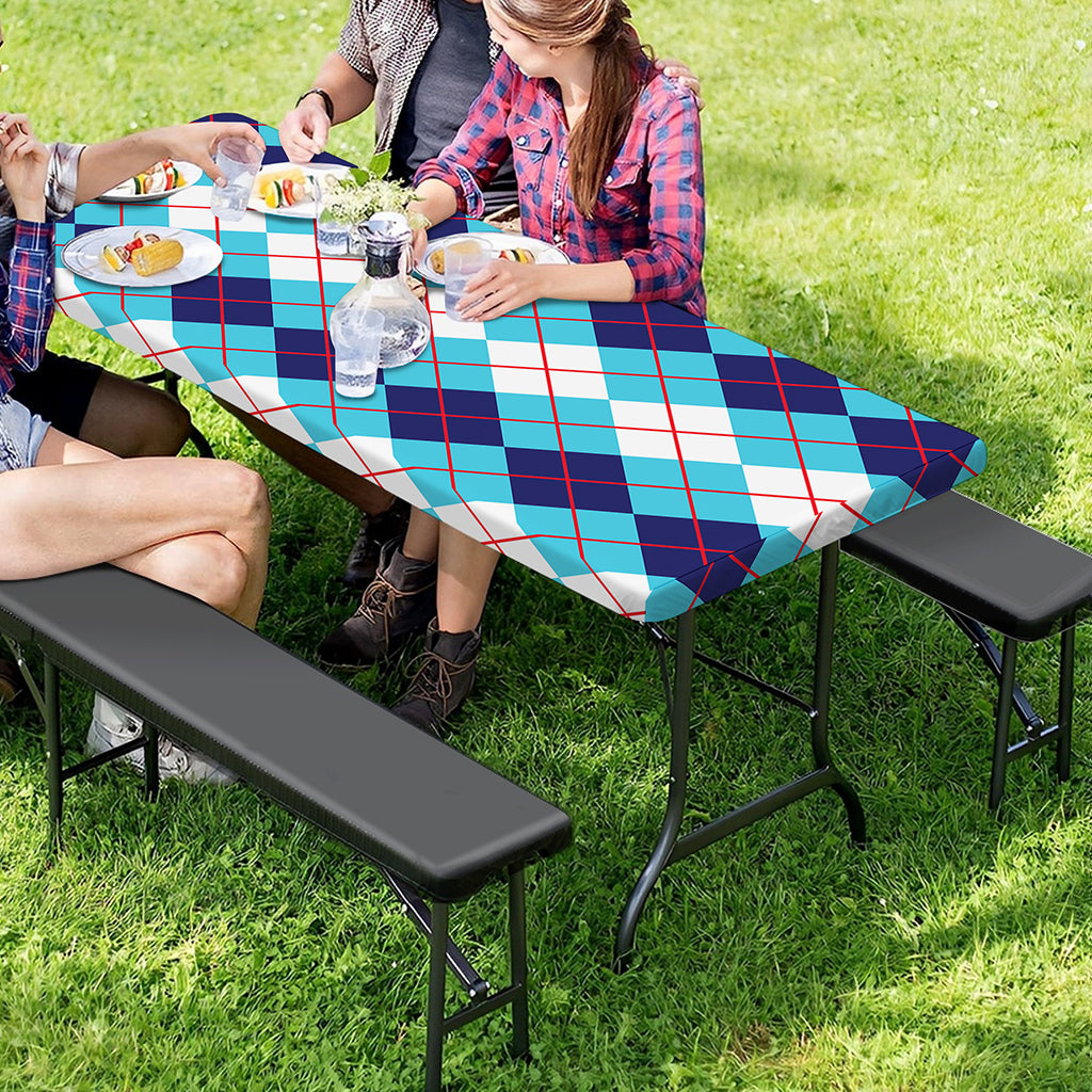 White And Blue Argyle Pattern Print Picnic Table Cover