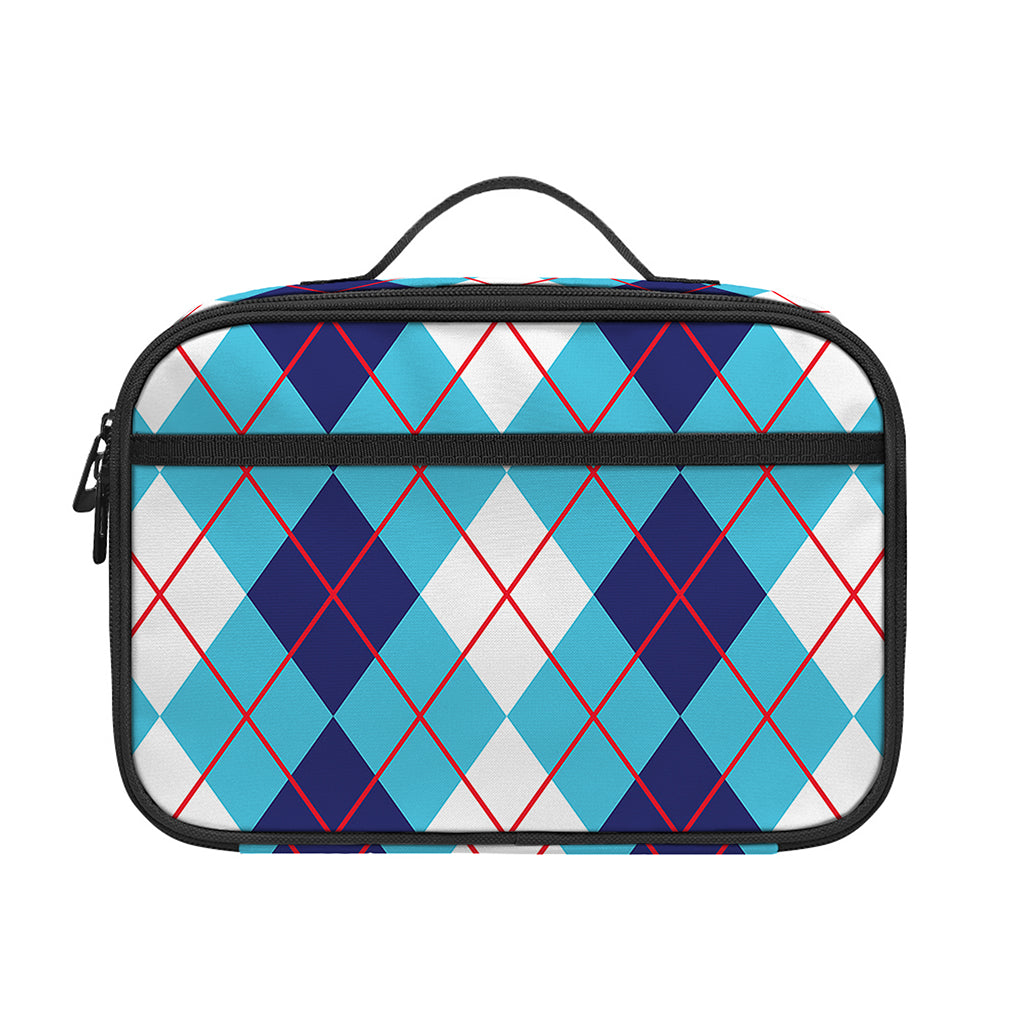White And Blue Argyle Pattern Print Portable Lunch Bag