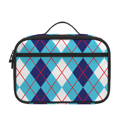 White And Blue Argyle Pattern Print Portable Lunch Bag
