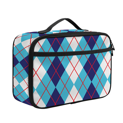 White And Blue Argyle Pattern Print Portable Lunch Bag