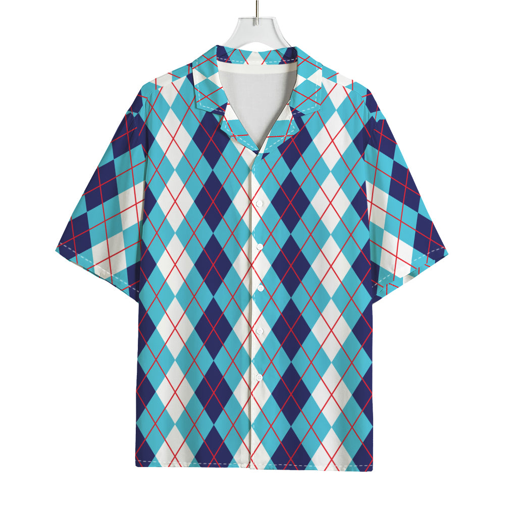 White And Blue Argyle Pattern Print Rayon Hawaiian Shirt