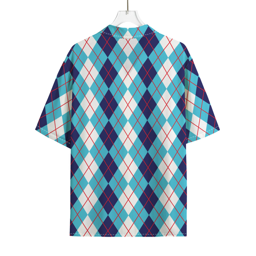 White And Blue Argyle Pattern Print Rayon Hawaiian Shirt