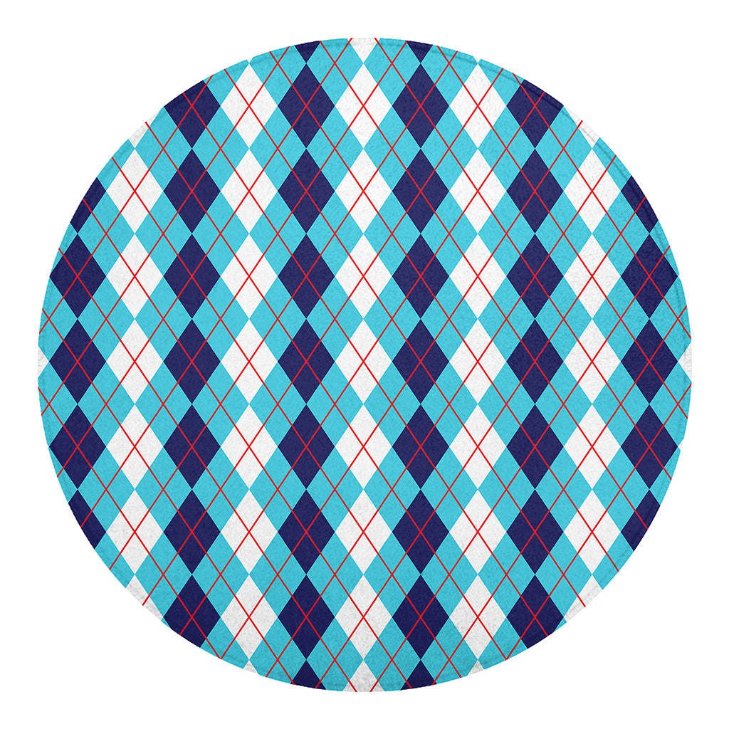 White And Blue Argyle Pattern Print Round Blanket