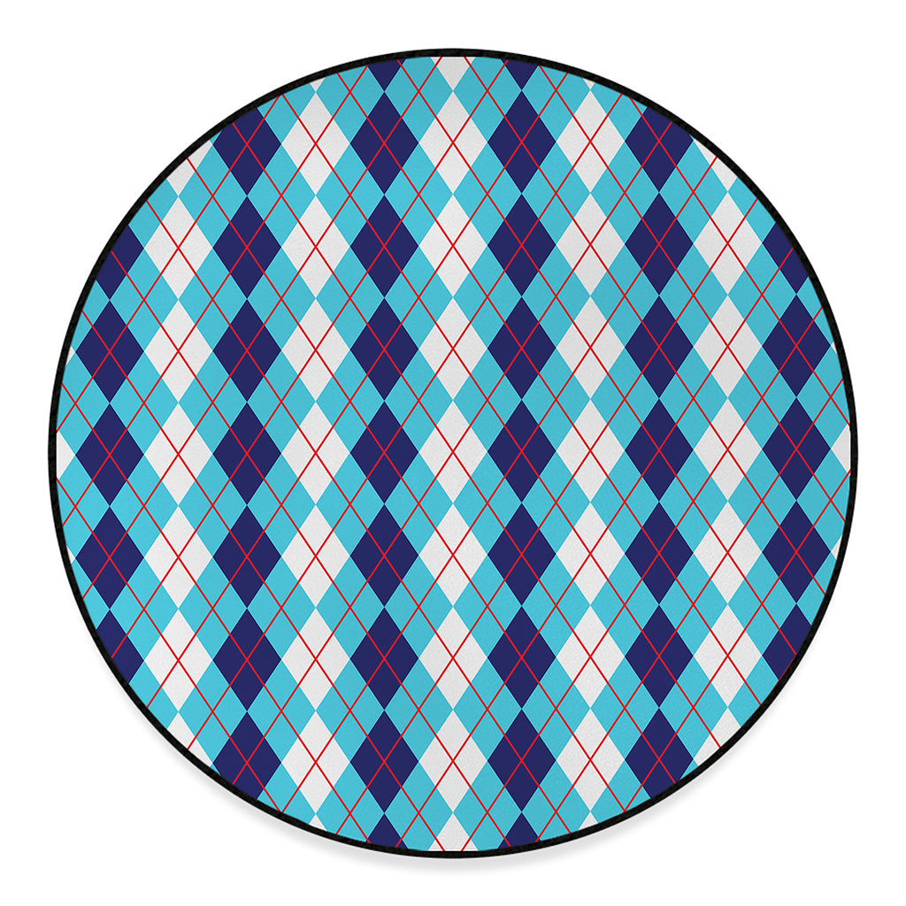 White And Blue Argyle Pattern Print Round Floor Mat