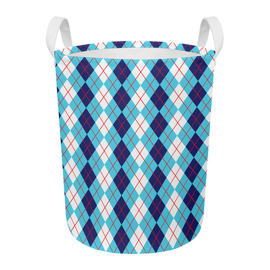 White And Blue Argyle Pattern Print Round Laundry Basket