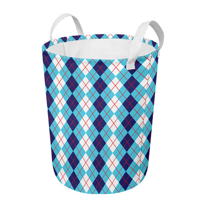 White And Blue Argyle Pattern Print Round Laundry Basket