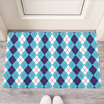 White And Blue Argyle Pattern Print Rubber Doormat