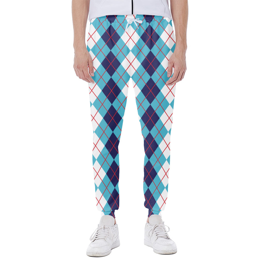 White And Blue Argyle Pattern Print Scuba Joggers