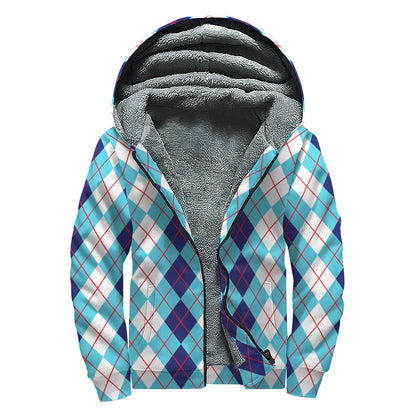 White And Blue Argyle Pattern Print Sherpa Lined Zip Up Hoodie
