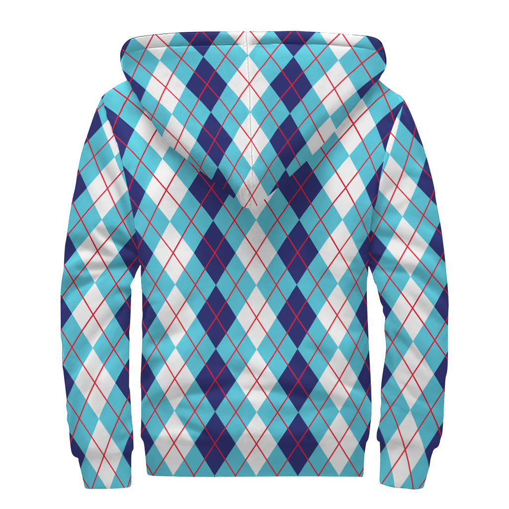 White And Blue Argyle Pattern Print Sherpa Lined Zip Up Hoodie