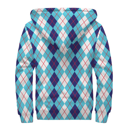 White And Blue Argyle Pattern Print Sherpa Lined Zip Up Hoodie