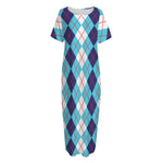 White And Blue Argyle Pattern Print Short Sleeve Long Nightdress