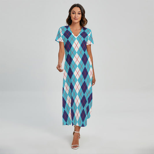 White And Blue Argyle Pattern Print Short Sleeve Maxi Dress