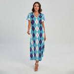 White And Blue Argyle Pattern Print Short Sleeve Maxi Dress