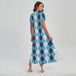 White And Blue Argyle Pattern Print Short Sleeve Maxi Dress