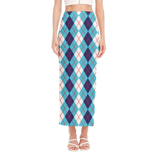 White And Blue Argyle Pattern Print Side Slit Maxi Skirt