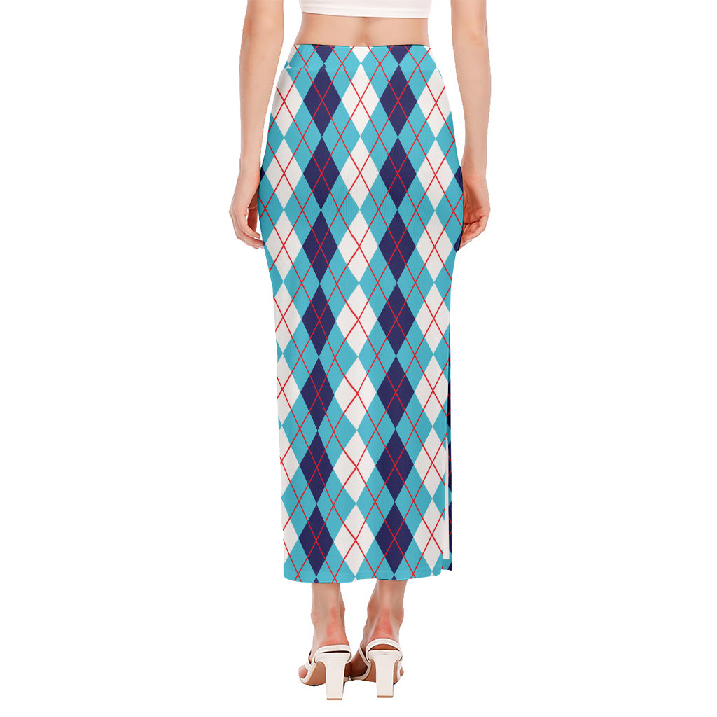 White And Blue Argyle Pattern Print Side Slit Maxi Skirt