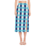 White And Blue Argyle Pattern Print Side Slit Midi Skirt