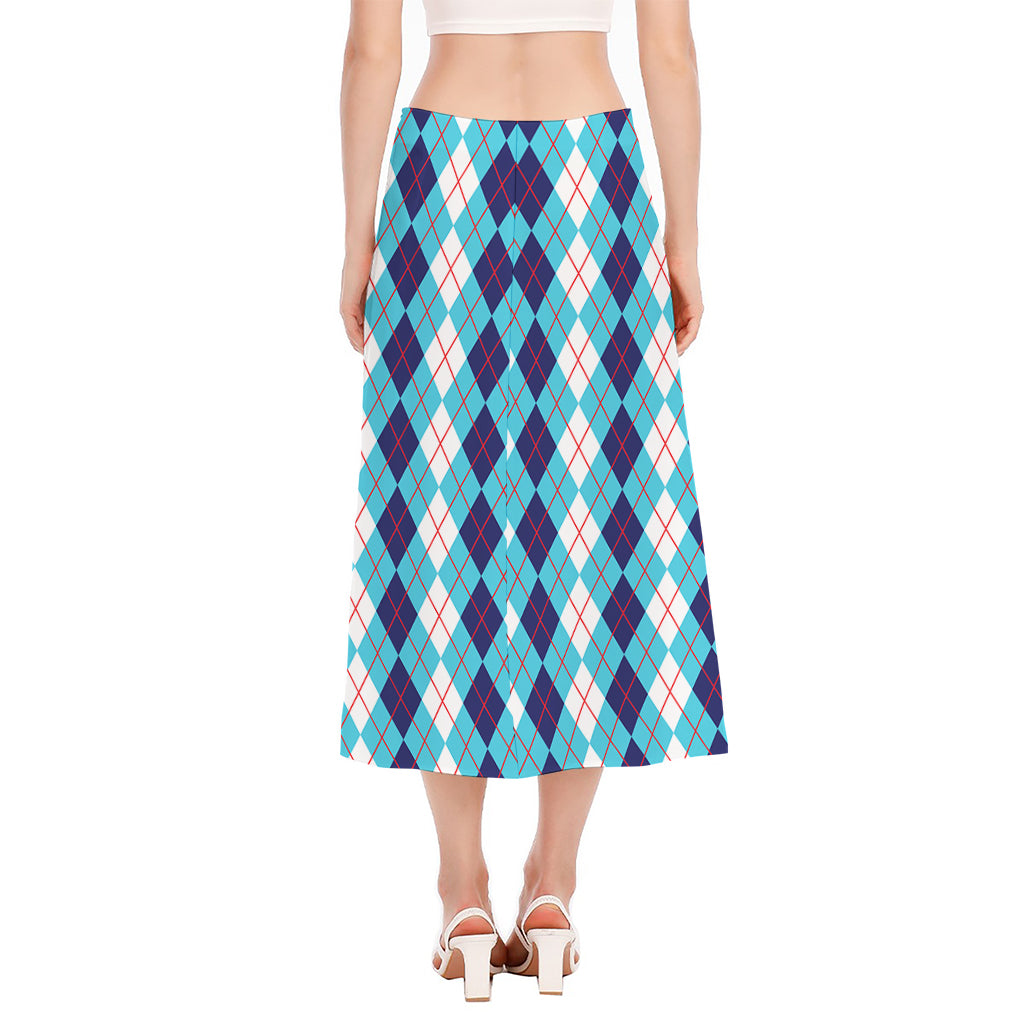 White And Blue Argyle Pattern Print Side Slit Midi Skirt
