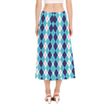 White And Blue Argyle Pattern Print Side Slit Midi Skirt